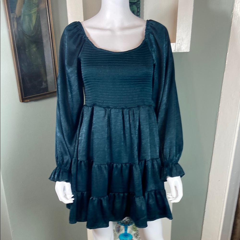 Altar'd State Forest Dark Green Satin Mini Babydoll Dress Smocked Tiered Small S